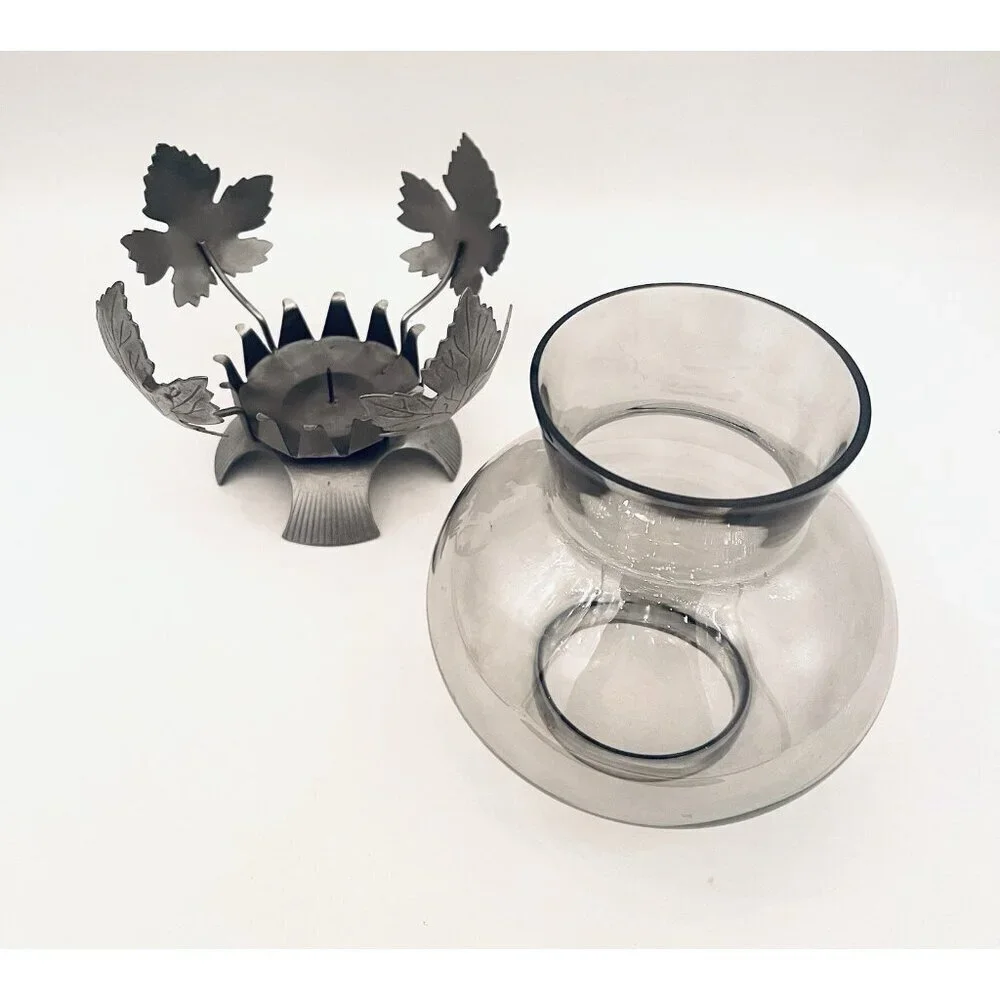 Pewter Maple Leaf Hurricane Pillar Candle Holder 7.25” Smoky Gray Lantern
